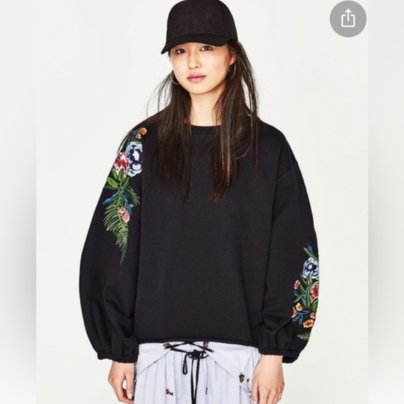 Zara | Trafaluc |Black |Embroidered |Crew Neck|Balloon Sleeve |Sweatshirt|Size M - Picture 1 of 15